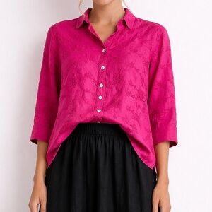 JOHN MARK 100% Linen Barbie Pink Full Embroidered Button Shirt Top SMALL Casual